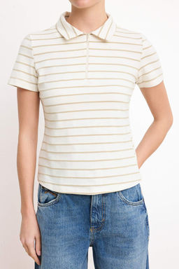 Ekru Cizgili Normal Kal?p Polo Yaka Fermuarl? Crop Yumusak Orme Bluz TWOSS26TS00025 - Trendyolmilla фото 4