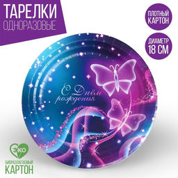 Цена за 10 шт. Тарелка бумажная С днём рождения, бабочки, 18 см