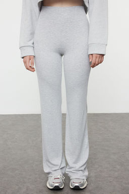 Gri Melanj Wide Leg/Ispanyol Paca Yuksek Bel Interlok Esnek Orme Pantolon TWOAW25PL00006