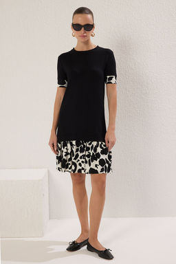 Siyah Animal Bask?l? Bisiklet Yaka K?sa Kol Mini Orme Elbise TWOSS25EL00692