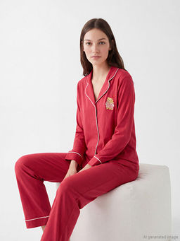G?mlek Yaka Ay? Teddy Bask?l? Kad?n Pijama Tak?m