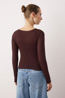 Kahverengi Transparan Esnek Vucuda Oturan Orme Bluz TWOAW26BZ00306