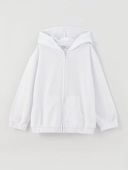 Kap??onlu Bask?l? Uzun Kollu K?z ?ocuk Fermuarl? Sweatshirt