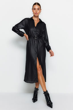 Trendyolmilla Siyah Kemerli Maxi Dokuma K?sl?k Gomlek Elbise TWOAW24EL00325