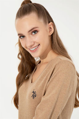 U. S. Polo Assn Женский базовый свитер светло-коричневого цвета с v-образным вырезом меланжевого цвета - U.s. polo assn фото 10