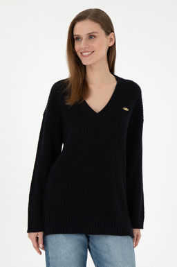 Женский темно-синий свитер с v-образным вырезом Неожиданная скидка в корзине