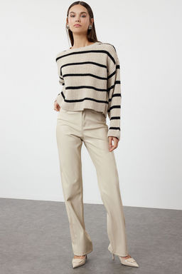 Krem Crop Genis Kal?p Basic Cizgili Triko Kazak TWOAW23KZ00390