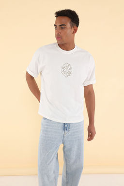 TRENDYOL MAN Unisex Ekru Crop/K?sa Kal?p Cicek Nak?sl? %100 Pamuk T-Shirt TMNSS25TS00098 - Trendyolmilla фото 3