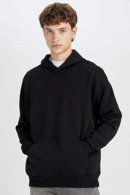 Oversize Genis Kal?p Kapusonlu Cepli Basic Duz Sweatshirt