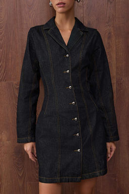 Ozel Koleksiyon Koyu Mavi Dikis Detayl? Mini Denim Elbise TWOAW26EL00047