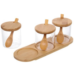 Банка стеклянная для специй 300мл "Хай-Тек" в наборе 3шт на бамбуковой подставке