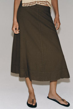 FALDA MIDI CON LINO ZW COLLECTION / Marr?n / Topo