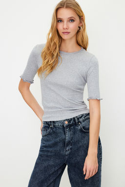 Trendyolmilla Ekru Fitilli Fitted/Vucuda Oturan Bisiklet Yaka Esnek Orme Bluz TWOSS23BZ00025  фото 30