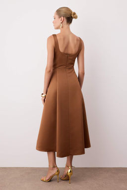 Kahverengi A-Kesim Saten Dokuma S?k Abiye Gece Mezuniyet Elbisesi TPRAW25EL00040