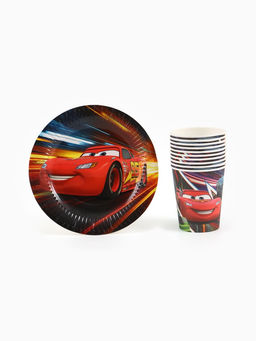 Посуда одноразовая бумажная на 10 персон: стаканы, тарелки, скатерть, Тачки