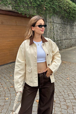 Ekru Fitilli Kadife Yaka Detayl? Denim Gomlek Ceket TWOAW26CE00004
