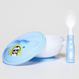 Тарелка на присоске из силикона M&B «Сладкий малыш», в наборе крышка, ложка, голубой