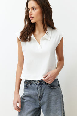 Ekru %100 Kal?n Pamuklu Polo Yaka Regular/Normal Kal?p Orme T-Shirt TWOSS24TS00075