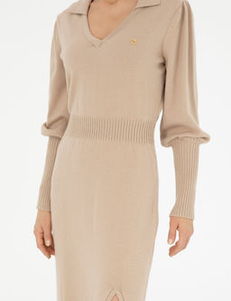 Krem Regular Fit Triko Elbise