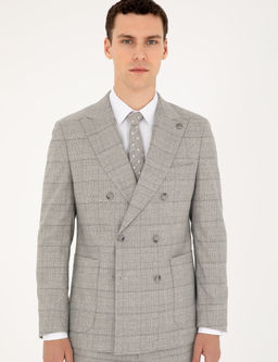 Gri Extra Slim Fit Ekose Kruvaze Tak_m Elbise