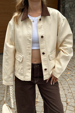 Ekru Fitilli Kadife Yaka Detayl? Denim Gomlek Ceket TWOAW26CE00004 - Trendyolmilla фото 3