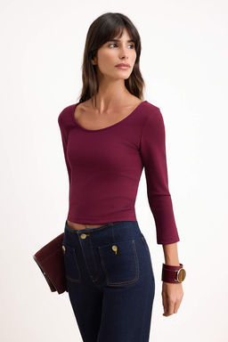 Bordo Fitted/Vucuda Oturan Havuz Yaka Ay Kol Truvakar Interlok Orme Bluz TWOSS26BZ00639