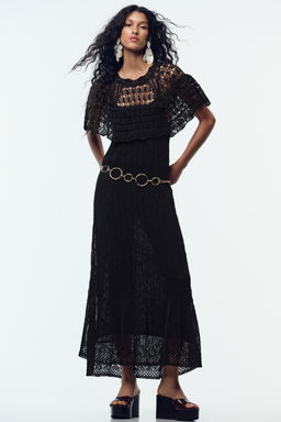 POINTELLE KNIT LONG DRESS WITH RUFFLE