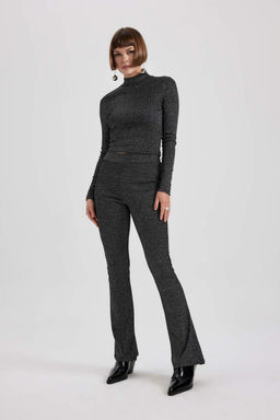 Облегающая футболка с длинным рукавом из ткани с люрексом и полуводолазкой - Defacto фото 2