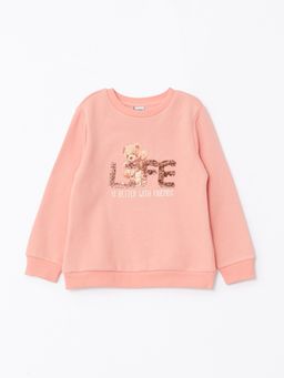 Bisiklet Yaka Bask?l? ?ift Y?nl? Payetli Uzun Kollu K?z ?ocuk Sweatshirt