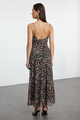 TRENDYOLMILLA Cok Renkli Vucuda Oturan Leopar Desenli Degaje Yaka Tul Dokuma S?k Elbise TPRSS24EL00285  фото 5