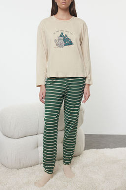 Trendyolmilla Kad?n Couple/Cift Bej %100 Pamuklu Cizgili Y?lbas? Temal? Orme Pijama Tak?m? THMAW25PT00164  фото 5