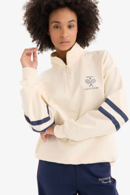 DeFactoFit Oversize Genis Kal?p Yar?m Fermuarl? Bask?l? Sporcu Sweatshirt