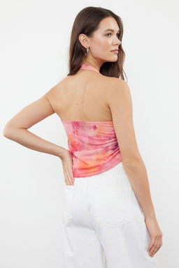 Pembe Soyut Desenli Boyundan Baglamal? Buzgu/Drape Detayl? Vucuda Oturan Orme Bluz TWOSS24BZ00630