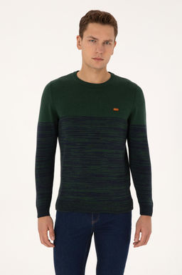 Erkek Slim Fit Bisiklet Yaka Koyu Ye_il Kazak