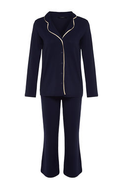 Trendyolmilla Koyu Ten Pamuklu Biye Detayl? Gomlek-Pantolon Orme Pijama Tak?m? THMAW24PT00025 фото 15