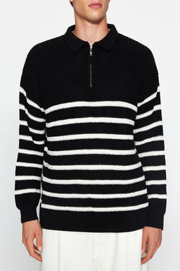 TRENDYOL MAN Vizon Casual Oversize Polo Yaka Cizgili Triko Kazak TMNAW24KZ00018 - Trendyolmilla фото 15