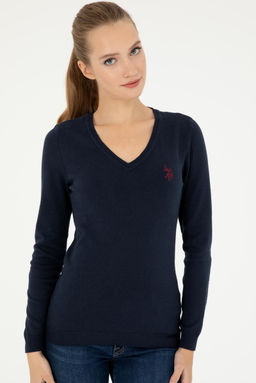 Женский темно-синий базовый свитер с v-образным вырезом - U.s. polo assn фото 3