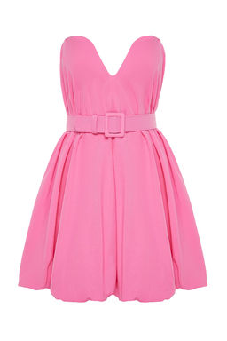 TRENDYOLMILLA Pembe A-Kesim Balon Etek Kemer Detayl? Dokuma Poplin K?sa S?k Abiye Elbise TPRSS23EL00576  фото 7