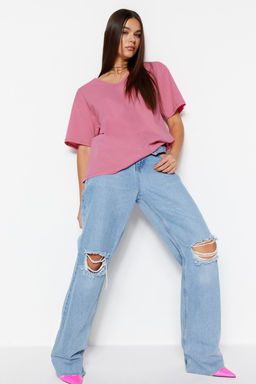 TRENDYOLMILLA Ekru %100 Pamuk Oversize/Genis Kal?p V Yaka Orme T-Shirt TWOSS23TS00003 фото 8