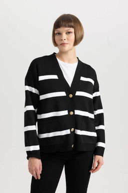 Полосатый кардиган с V-образным вырезом Relax Fit - Defacto фото 3