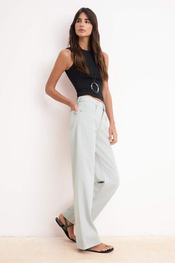 Gri DOKUMLU Yuksek Bel %100 Pamuk Wide Leg Jeans TWOSS26JE00182