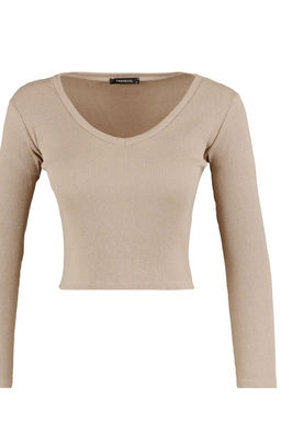 Trendyolmilla Kahverengi-Bej 2li Paket Crop Fitted/Vucuda Oturan V Yaka Fitilli Esnek Orme Bluz TWOAW22BZ0129