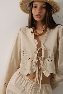 Siyah %100 Pamuk Poplin Baglamal? Brode Detayl? Dokuma Bluz TWOSS25BZ00595 - Trendyolmilla фото 6