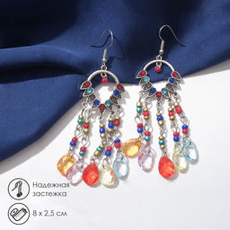Серьги висячие со стразами Восток ловец снов, цветные в чернёном серебре, 8 см