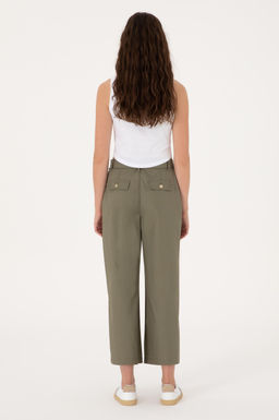 Kad_n Koyu Haki Flare Cropped Fit Kanvas Pantolon