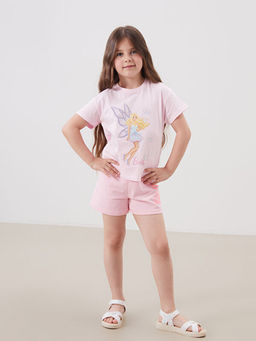 Bisiklet Yaka Barbie Bask?l? K?z ?ocuk Ti??rt