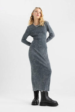 Крутое облегающее платье макси в рубчик с длинными рукавами и блестками - Defacto фото 2