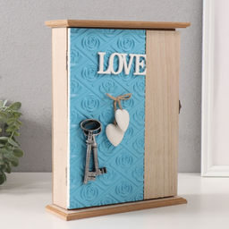 Ключница настенная Роза. Ключи и сердце, дерево, 6 крючков, голубой 6.5?20?26.5 см