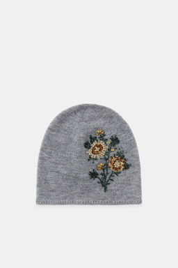 BEANIE HAT WITH FLORAL EMBROIDERY AND BEADS