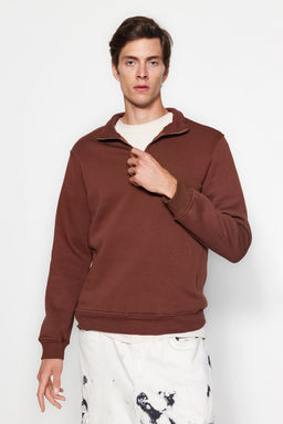 Kahverengi Regular/Normal Kesim Dik Yaka Fermuarl? Pamuklu Basic Ici Polar Sweatshirt TMNAW24SW00041